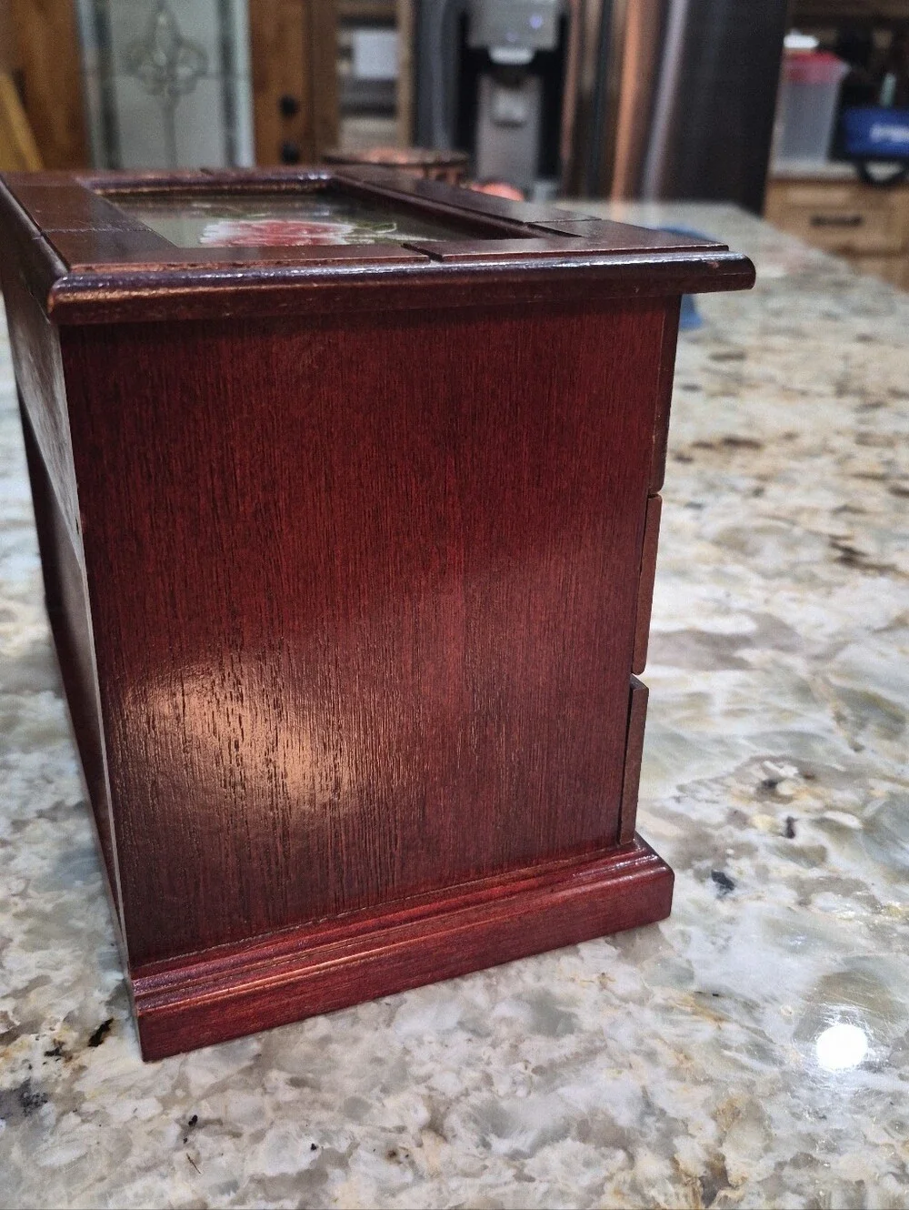 Vintage Wooden Jewelry Box With Floral Stained Glass & Drawers Cottagecore